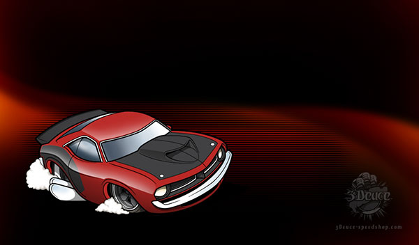 red cartoon 1970 cuda with black and red pattern