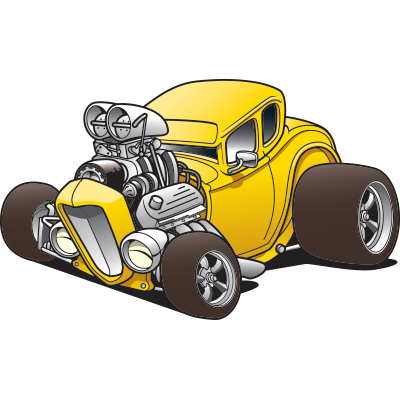 yellow hot rod with no hood