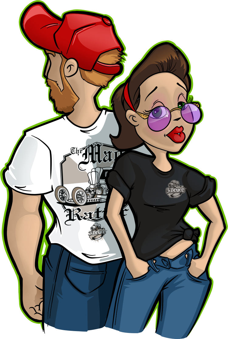 two cartoon people modeling t-shirts